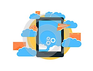Modern cloud services and Cloud Computing Elements Concept. Devices connected to the cloud with Gears. Flat Illustration.