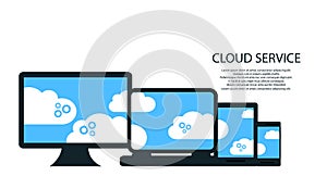 Modern cloud services and Cloud Computing Elements Concept. Devices connected to the cloud with Gears. Flat Illustration.