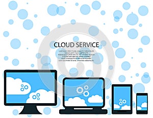 Modern cloud services and Cloud Computing Elements Concept. Devices connected to the cloud with Gears. Flat Illustration.