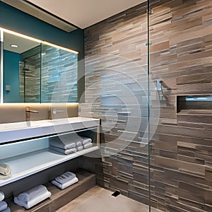 A modern coastal bathroom with driftwood mirrors, sea glass tiles, and a pebble stone shower floor4, Generative AI