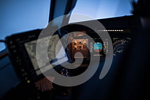 Modern cockpit a commercial airliner airplane during takeoff