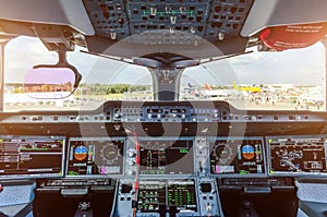 Modern cockpit in the passenger airliner