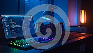 Modern Coders Desk Setup at Night