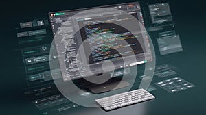 Modern coding environment showcasing computer monitor with programming code and user interface elements in a creative
