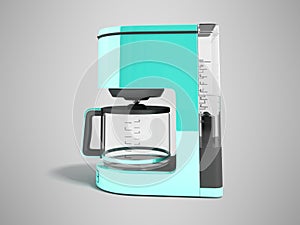 Modern coffee machine electric blue with a glass kettle and a water tank 3d rendering on gray background with shadow