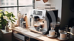 Modern coffee machine with a glass cup of latte or cappuccino on a bright kitchen near the window.