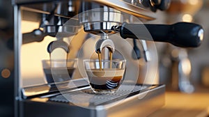 Modern coffee machine pouring milk into glass cup on countertop in kitchen