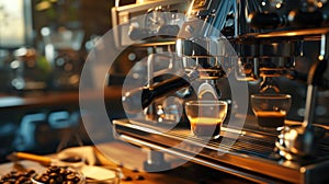 Modern coffee machine pouring milk into glass cup on countertop in kitchen