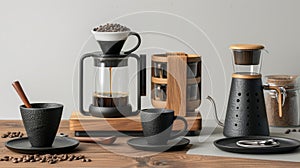 Modern coffee maker with mugs and cups of coffee beans on a light background.