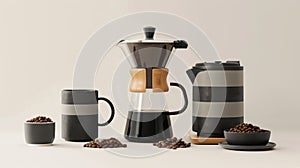 Modern coffee maker with mugs and cups of coffee beans on a light background. Coffee shop of the future.