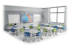 Modern collaborative learning space with interactive whiteboard and flexible seating arrangements