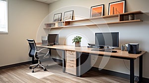 A modern and collaborative shared office space with a long wooden table, ergonomic chairs, and laptops