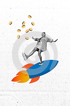 Creative collage featuring a dynamic rocket, a joyous figure, and falling coins on a textured white background photo