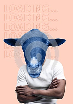 Modern collage. Concept of man with donkey head on color background.