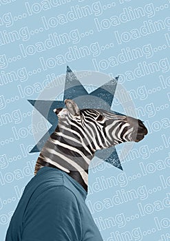 Modern collage. Concept suit man with giraffe head on color background.