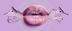 Modern collage with textures and music doodles on purple background. Pink lips with speech bubble.