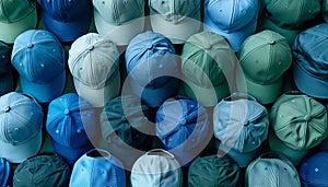 A modern collection of baseball caps in blue and green