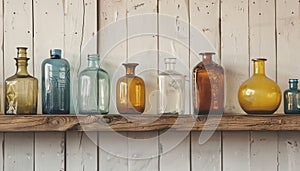 A modern collection of glass bottles on a wooden shelf