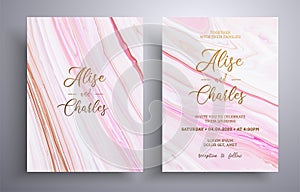 Modern collection of wedding invitations with stone pattern. Agate vector cards with marble effect and swirling paints