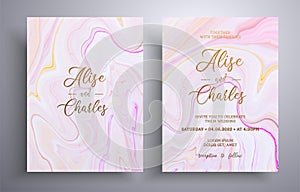 Modern collection of wedding invitations with stone pattern. Mineral vector cards with marble effect and swirling paints