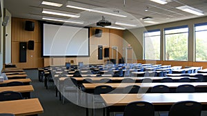 Modern College Classroom Lecture Hall Empty Desks Projector Screen