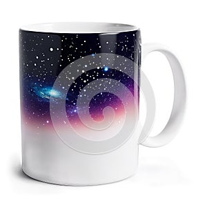 Modern color changing ceramic mug with a thermochromic glaze revealing a galaxy design when filled