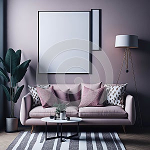 Modern Color Pink, White, Grey Stylish Living Room Interior, Cozy Sofa With Pillows, Mock Up Art Poster frame, Pattern shag Rug,