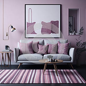 Modern Color Pink, White, Grey Stylish Living Room Interior, Cozy Sofa With Pillows, Mock Up Art Poster frame, Pattern shag Rug,