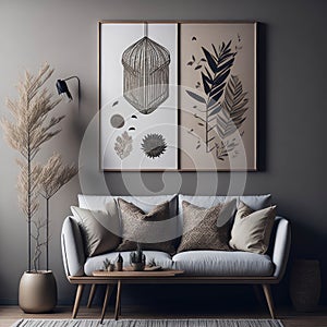 Modern Color Tone Living Room , Nice Cozy Couch With Pillows, Pot Plants and Dry Flowers decoration, Mock Up Poster frames Art On