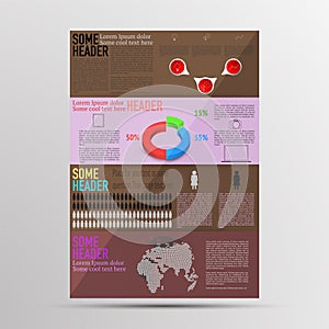 Modern colored brochure infographics. Infographic with timeline, 3D pie chart, outline icons and dotted world map. Infographics w