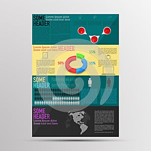 Modern colored brochure infographics. Infographic with timeline, 3D round chart, outline icons and dotted world map.