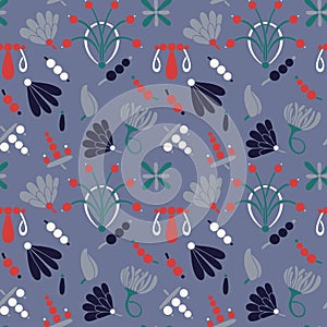 Modern colored seamless pastel blue pattern with flowers and geometric elements. Light blue, white, red and green colors