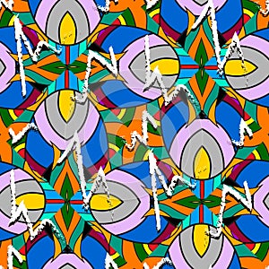 Modern colorful abstract vector seamless pattern. Bright ornamental geometric background with striped multicolor shapes