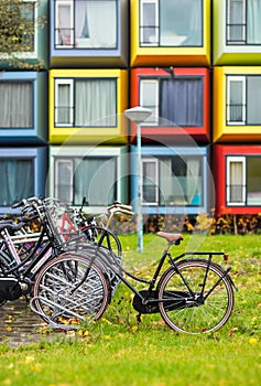Modern colorful architecture with bikes in Almere city, Netherlands photo