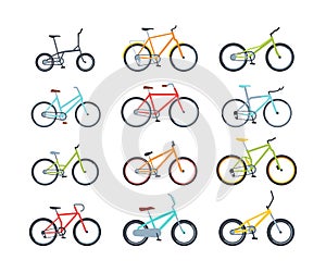 Modern colorful bicycles flat vector illustrations set