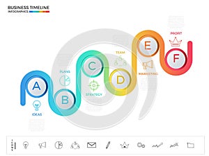 Modern colorful business timeline circle infographics template with icons and elements