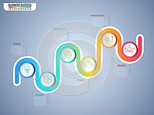 Modern colorful business timeline circle infographics template with icons and elements. Step to success business concept