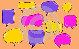 Modern colorful cartoon speech bubbles in different shapes, comics style, abstract doodle art, dialog sign, vector set