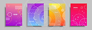 Modern colorful covers with multi-colored geometric shapes and objects. Abstract design template for brochures, flyers, banners, h