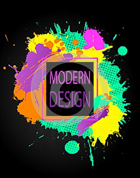 Modern colorful frame design with splashes and halftones on a bl
