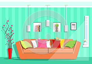 Modern colorful graphic living room with window. Flat style sofa, pillows, lamps, shelves, vase with sakura flowers.