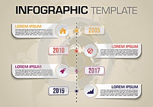Modern colorful infographics options template vector with timeline and dotted map. Can be used for web design, brochure,