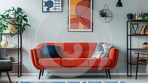 Modern and colorful interior of living room with design boucle sofa, mock up poster, shelf, plants, decorations and