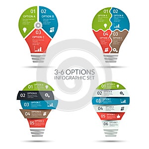 Modern colorful light bulb infographic set. Business concept with 3 4 5 6 options, parts, steps or processes. Template