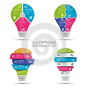 Modern colorful light bulb infographic set. Business concept with 3 4 5 6 options, parts, steps or processes. Template for present
