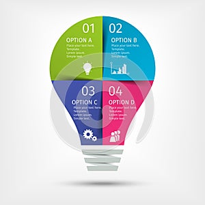 Modern colorful light bulb infographics. Business startup idea lamp concept with 4 options, parts, steps or processes