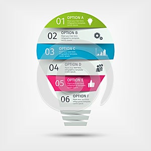 Modern colorful light bulb infographics. Business startup idea lamp concept with 6 options, parts, steps or processes