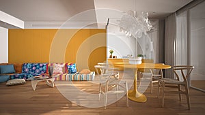 Modern colorful living room with kitchen and dining table, sofa with pillows, coffee table, big panoramic window, pendant lamp,