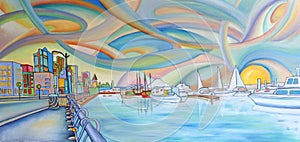 Modern colorful painting of Seattle city.