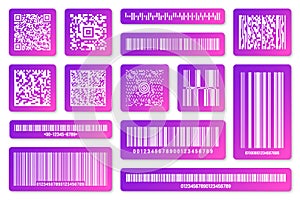 Modern colorful product barcodes and QR codes. Identification tracking code. Serial number, product ID with digital